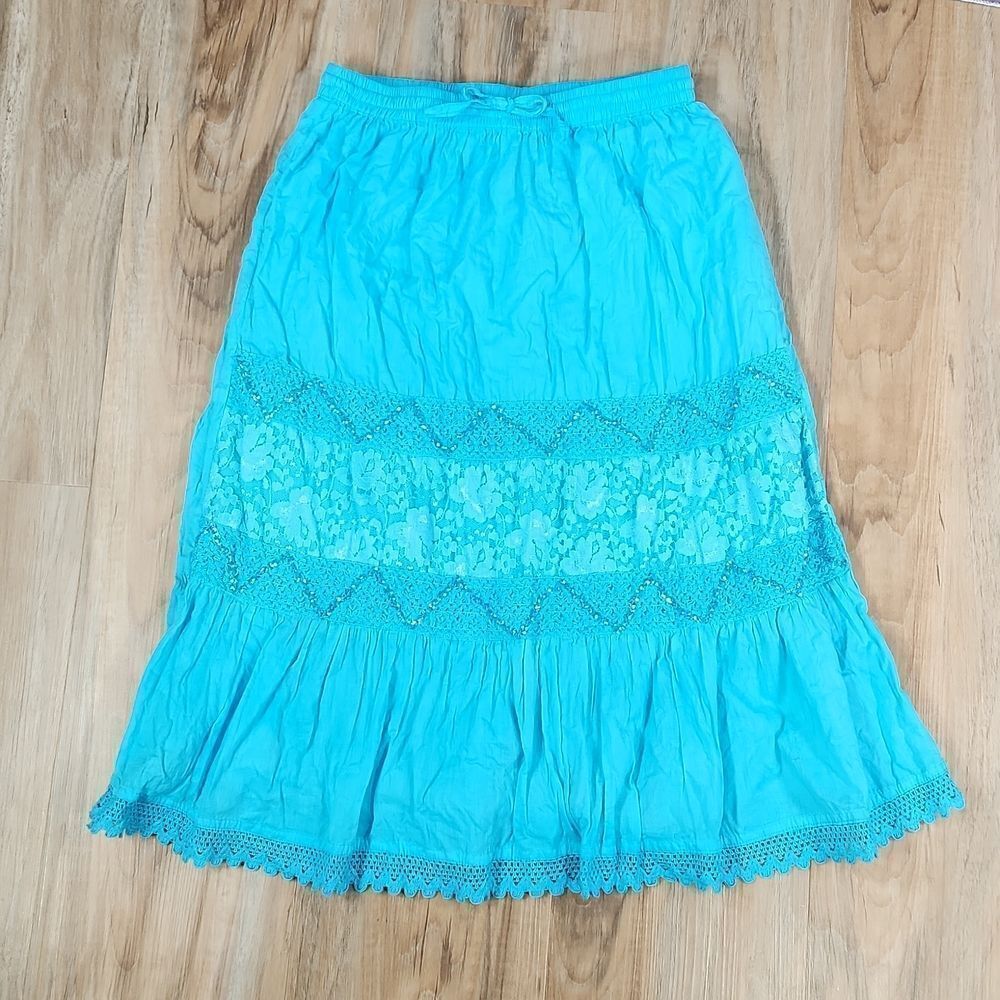 🩵Tiki Palm Turquoise Sequin & Embroider Lace Skirt Youth Large